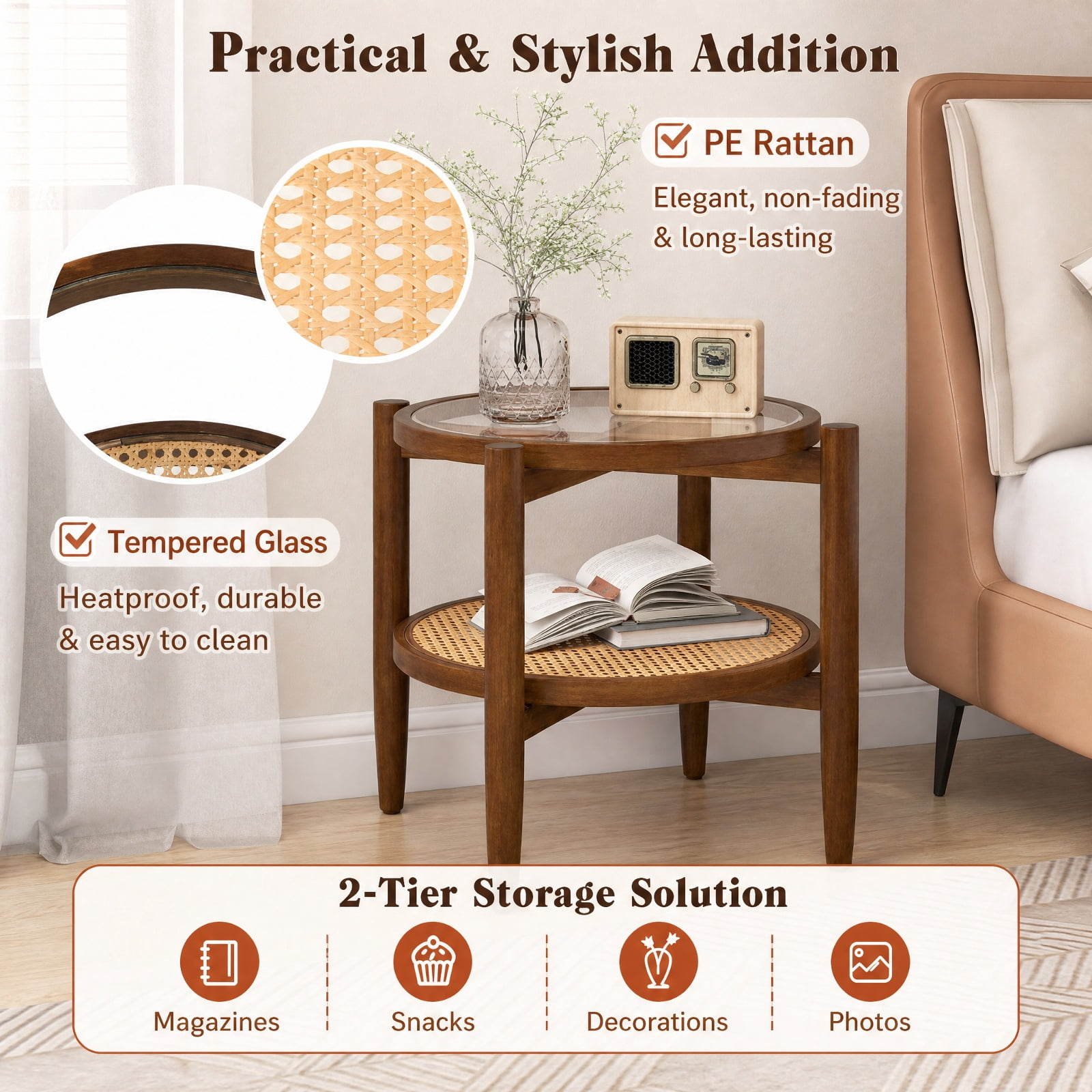 Furnibear Rattan Round Side End Table with Tempered Glass Tabletop and 2 Tier Acacia Wood Legs for Living Room Bedroom and Sofa Side, Walnut