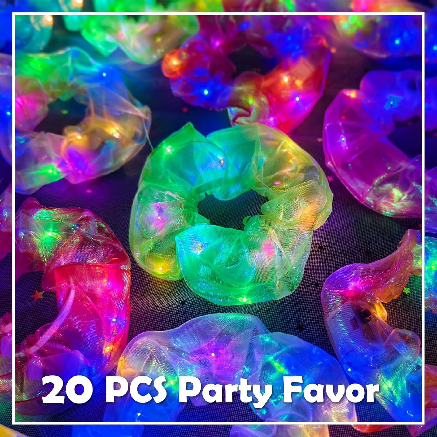 20 PCS Light up Scrunchies, 3 Glow Mode, Hair Accessories for Women, Glow in the Dark Party Supply for Festival Rave Slumber Party