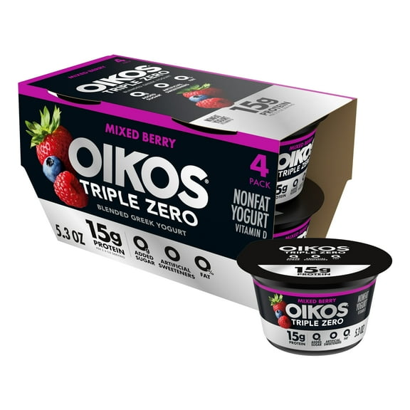 Oikos Triple Zero 15g Protein, 0g Added Sugar, Fat Free Mixed Berry Greek Yogurt Cups, 5.3 oz, 4 Count