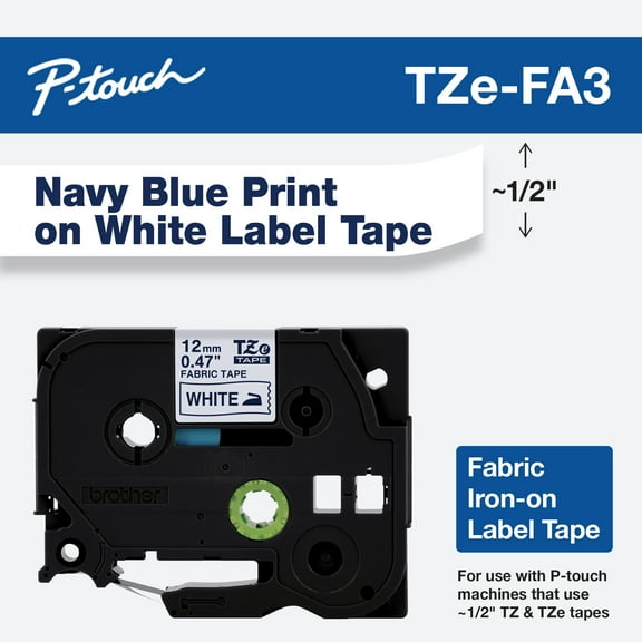 Brother Genuine P-touch TZEFA3 1/2" Navy Blue on White Fabric Laminated Label Tape