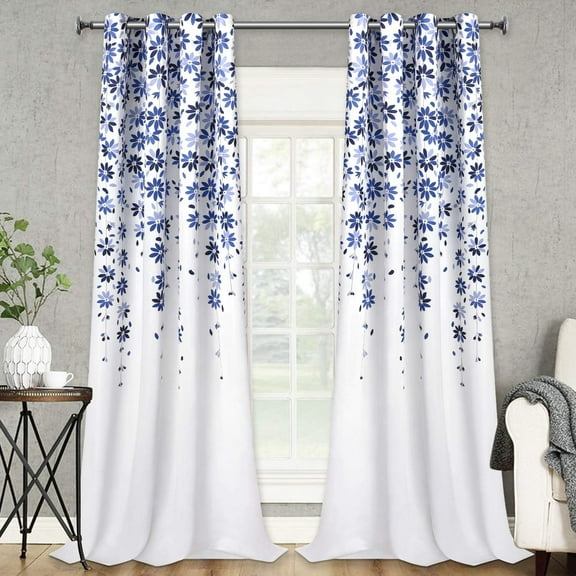 Flowers Window Curtain Floral Window Treatment Grommet Curtains 52 × 84 Inches Flower Drapes for Bedroom Living Room, Blue, Set of 2 Panels