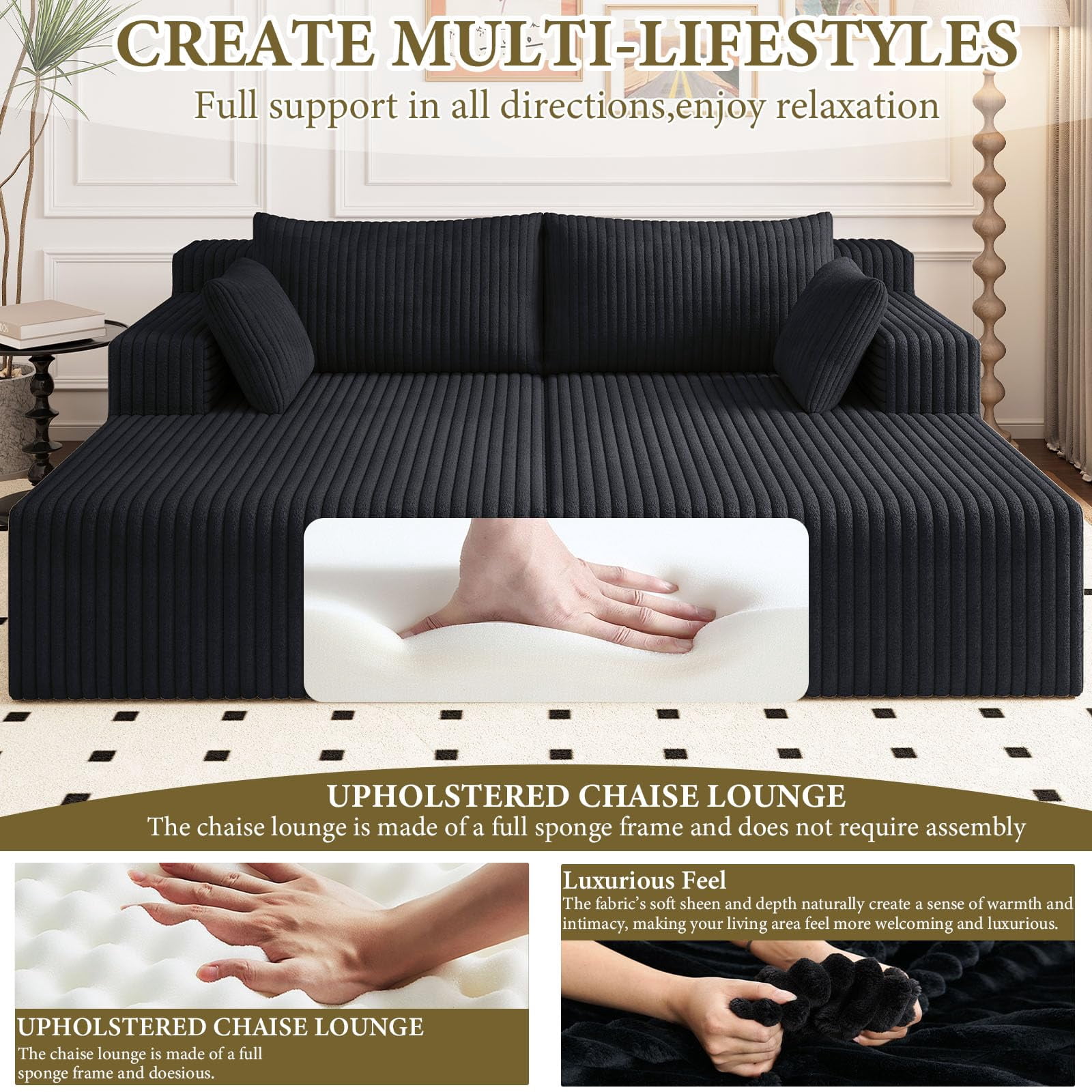 Aukfa 71" Oversized Double Chaise Lounge Indoor, Modular Boneless Cloud Couch Sleeper Loveseat, Deep Seat Corduroy Sofa Bed, No Assembly Required for Living Room Bedroom, Black