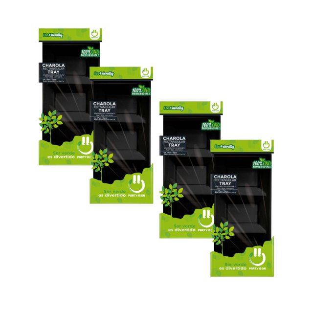 12 Piezas Charola Botanera Party Is On Color Negro Rectangular 3 Divisiones Biodegradable Ecofriendly Desechables Botana Comida Fiesta Eventos Adornos Decoracion Reunion Diseño Practico Botana Mesa