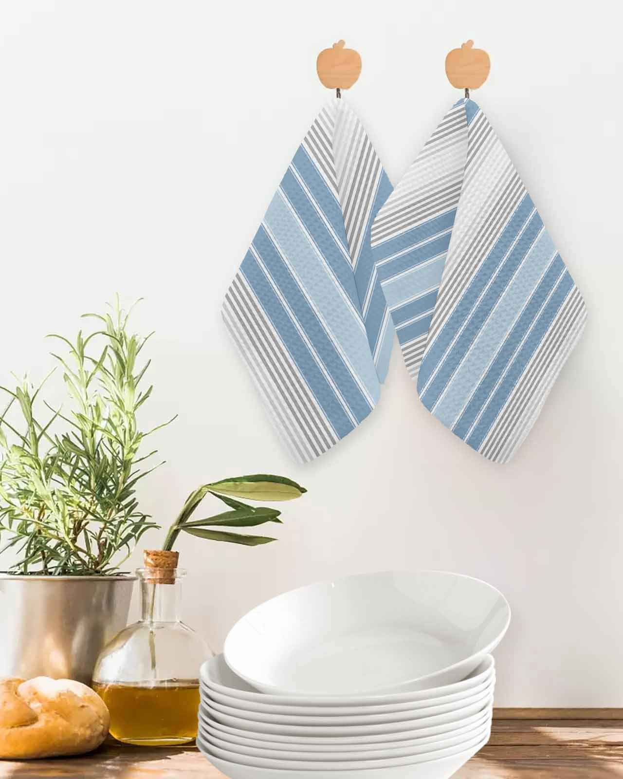 Blue Gray Stripes Kitchen Dish Towels for Drying Dishes Set of 4, Contemporary Minimalist Abstract Lines Waffle Weave Microfiber Terry Hand Tea Bathroom Towels Quick Dry & Absorbent Towel 12x12