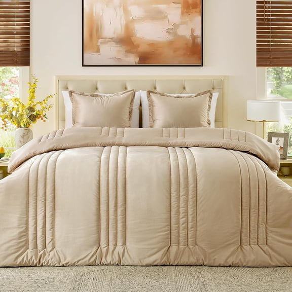 Bedding Comforter Set Queen Size 3 Pieces-Neutral Beige Champagne Striped Lightweight Bedroom Comforter Queen Size,Soft Velvet Bed Set for All Seasons with 2 Shams