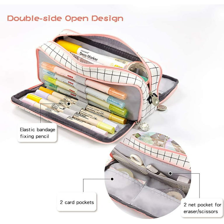 Large Pencil Case with Handle Portable Zipper Pencil Pouch Aesthetic for  Girls Kids Adults Pen Case for School Office White Plaid