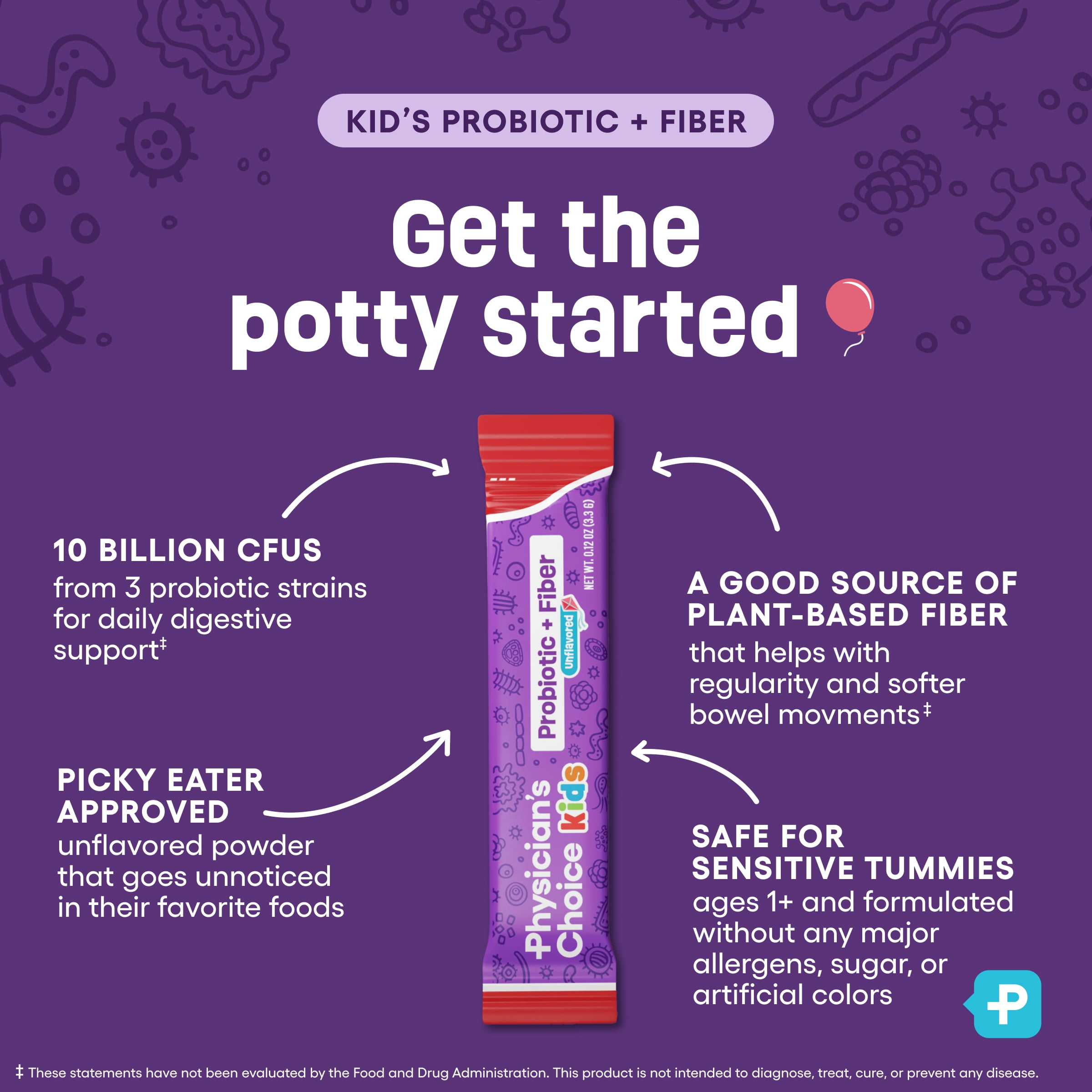 Physician's Choice Kids Probiotic + Prebiotic Fiber Packets (Ages 1+) - Supports Regularity, Occasional Constipation & Healthy Digestive System - No Allergens or Preservatives - Unflavored - 24 Pack