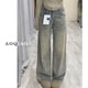 thumbnail image 1 of Pantalones vaqueros de pierna ancha deshilachados para mujer, ropa de calle Vintage coreana, pantalones vaqueros sueltos Grunge, pantalones vaqueros rectos estéticos deshilachados Y2K, 1 of 5