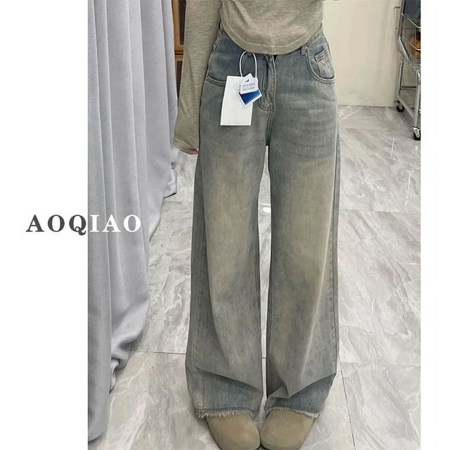 Pantalones vaqueros de pierna ancha deshilachados para mujer, ropa de calle Vintage coreana, pantalones vaqueros sueltos Grunge, pantalones vaqueros rectos estéticos deshilachados Y2K