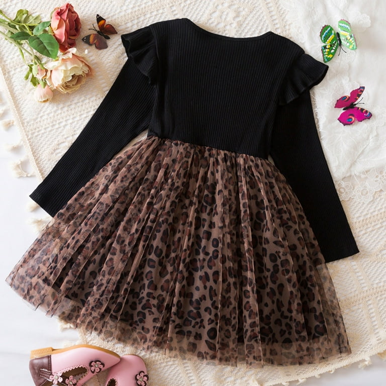 Toddler Girl Dresses Leopard Print Prints Long Sleeve Ruffles Flower Girl  Dress Princess Party Dress Bowknot Mesh Dresses Wedding Outfits Black,3-4Y  - Walmart.com