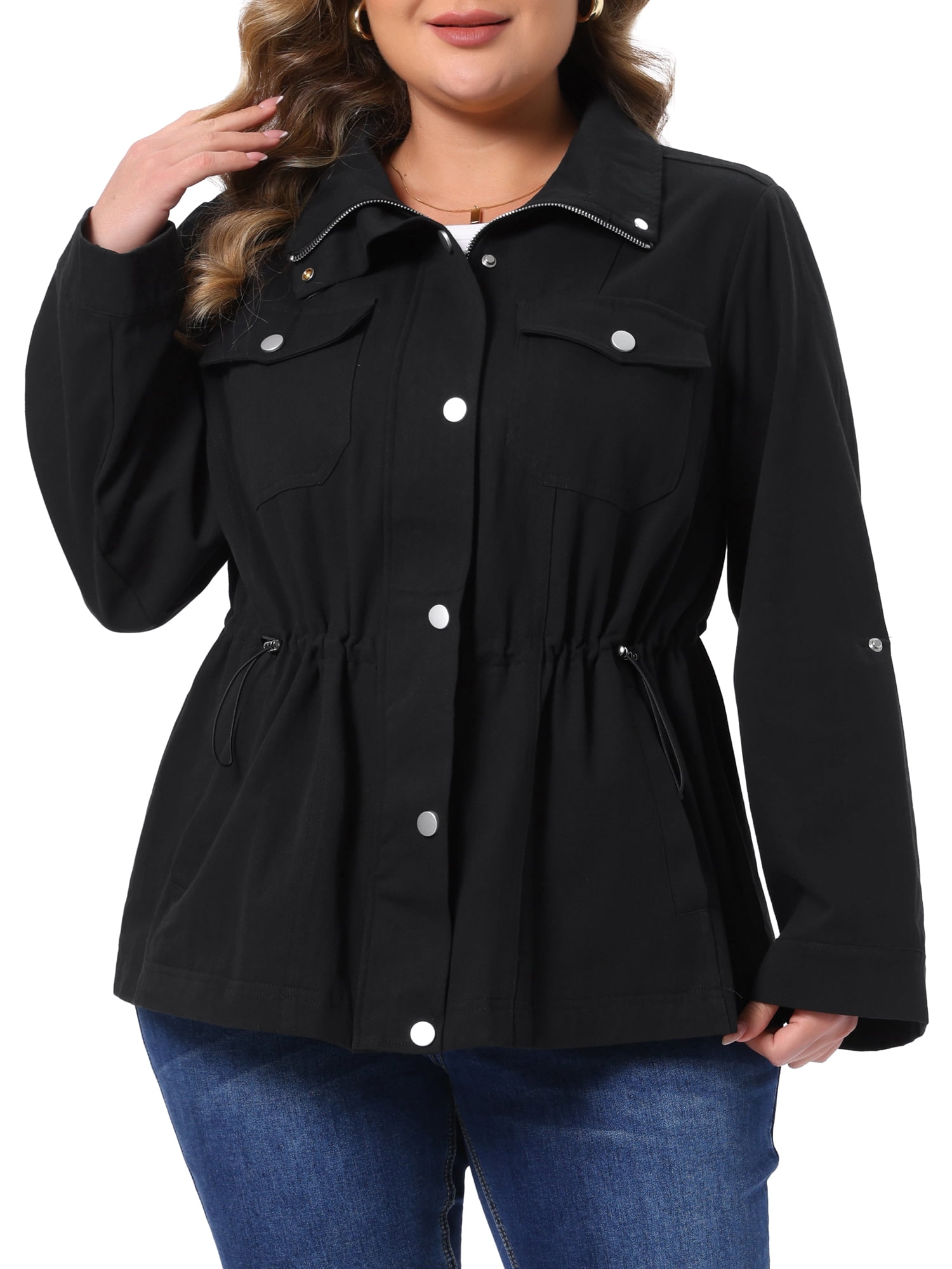 DARING DIVA Women's Plus Utility Lightweight Anorak with Pockets Jacket 1X Black