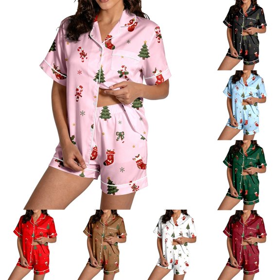 JAJAHO Womens Christmas Pajama Sets Short Sleeve Pjs Button Down Xmas Festive 2 Piece Lougewear Set