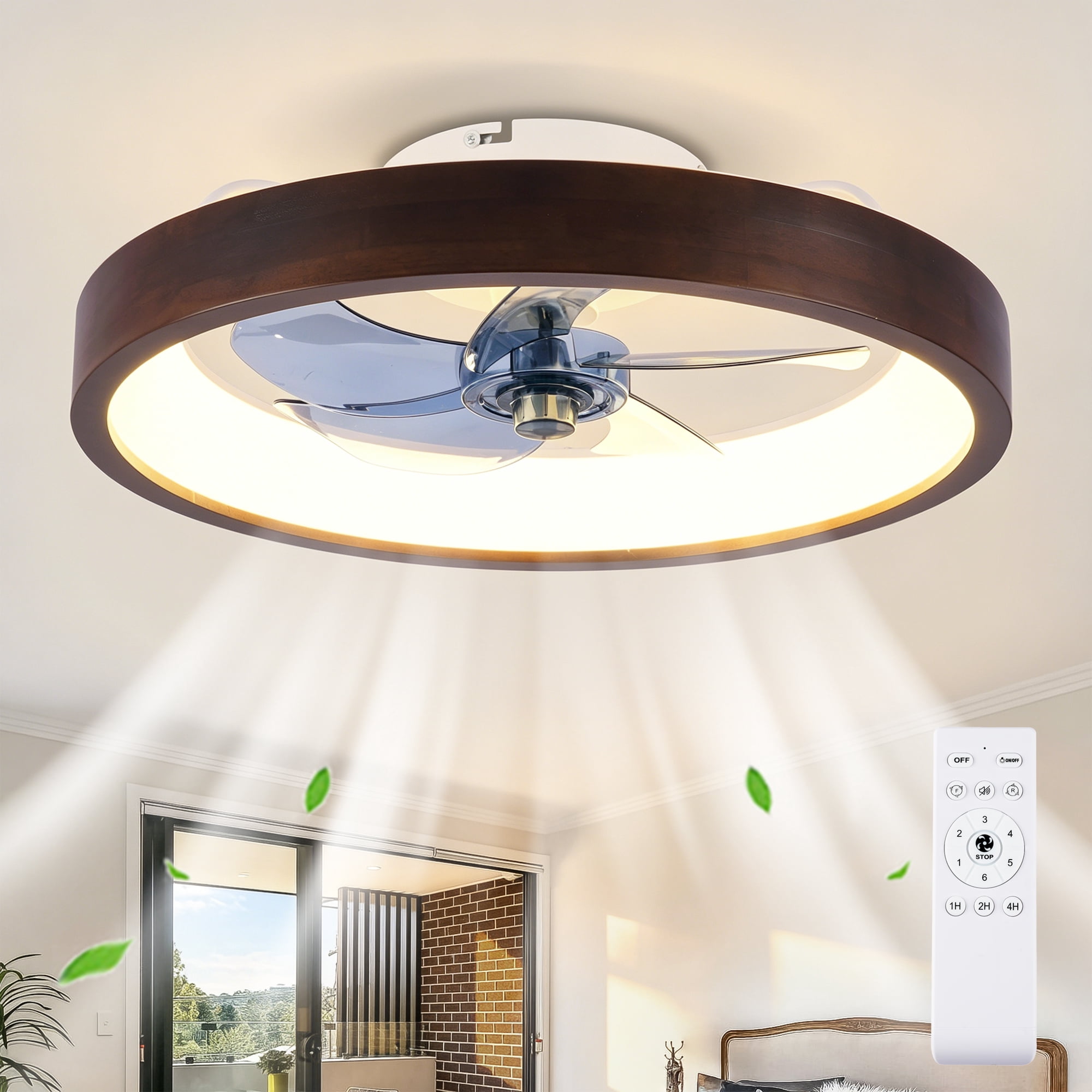 20" Flush Mount Ceiling Fan with Lights, 3000-6500K Dimmable LED, 6 Speeds Reversible Quiet DC Motor, Modern Farmhouse Ceiling Fan for Living Room Bedroom Kitchen, Wood & White