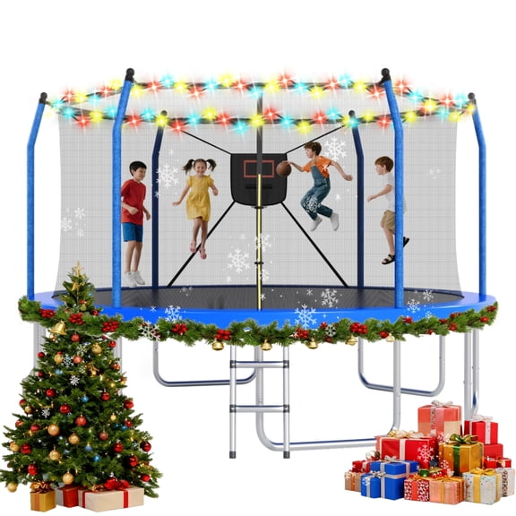 EUROCO 14FT Trampoline for Kids and Adults with Lights, Basketball Hoop, Enclosure Net & Ladder, Outdoor Round Trampoline, Easy to Assemble