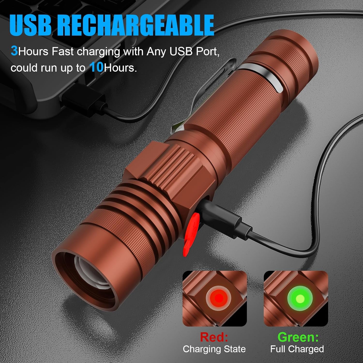 USB Rechargeable Magnetic LED Flashlight – Super Bright, Waterproof, Zoomable, with COB Side Light for Camping & Emergencies (Brown)