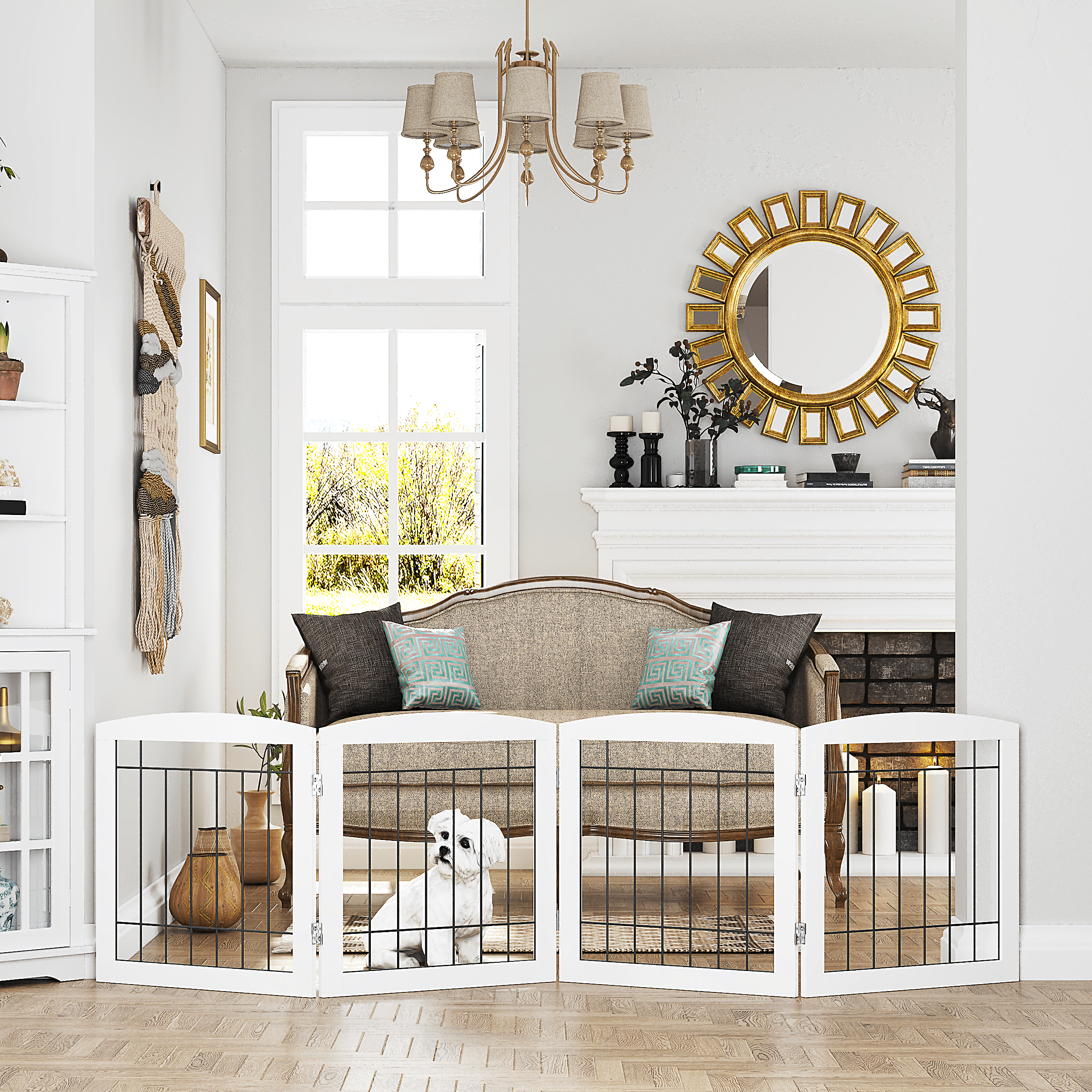 STAROUS White Foldable Pet Gate,Secure Indoor Barrier, Ideal for Doorways, Stairs, and Wide Openings - 80" Wide, 24" Height, 4 Panels