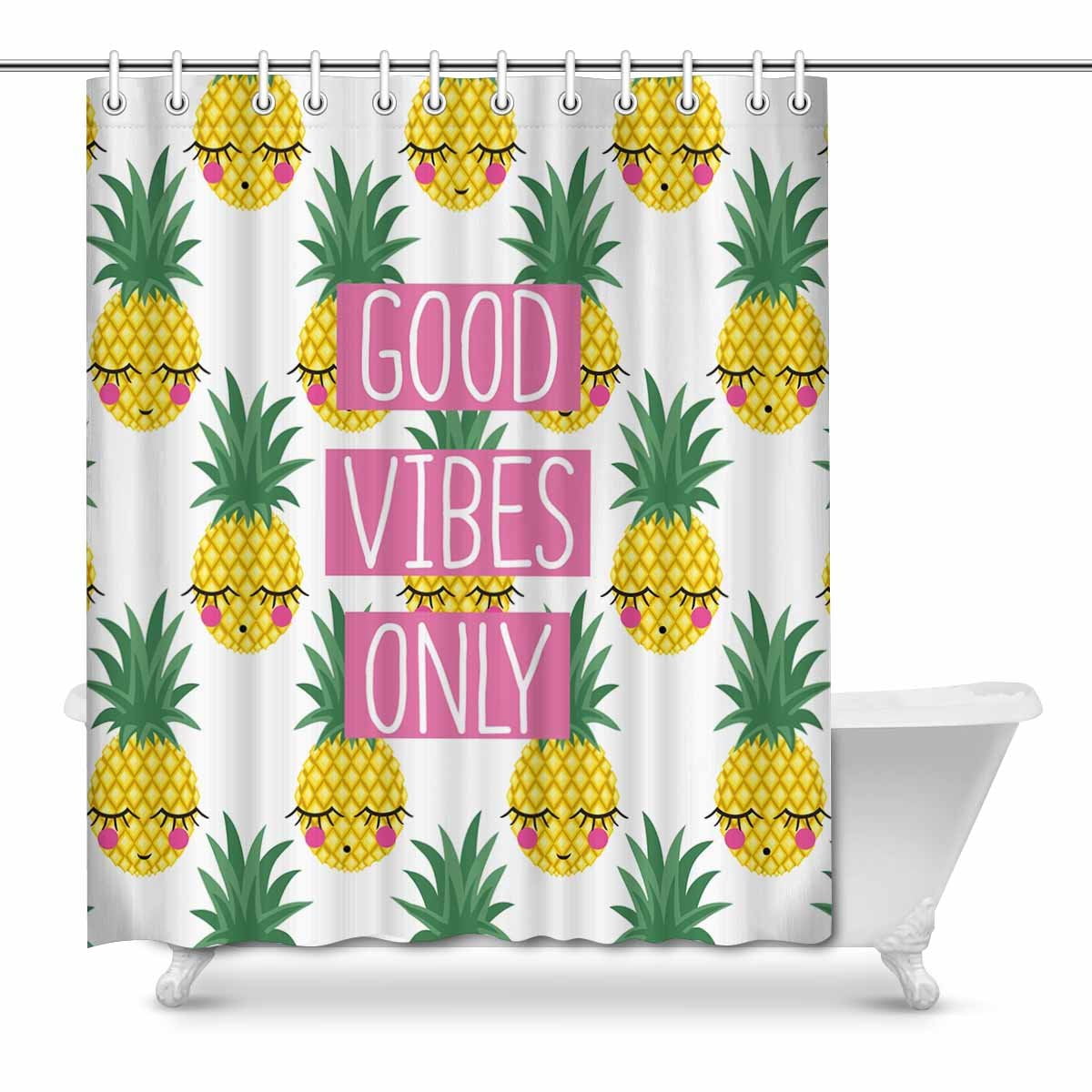 Pineapple Shower Curtain Fabric Bathroom Decor Set with Hooks 4 Sizes Available