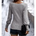 thumbnail image 4 of Jersey de mujer Top Rib Knit Lantern Manga larga Cuello en U Suéter de color puro para otoño invierno Gris S, 4 of 6