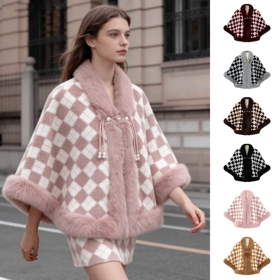 Umfun Women's Checkered Velvet Faux Fur Trim Cape Wrap Short Winter Shawl Outerwear with Pearl Toggle Closure and Cozy Cuffs for Party Casual Holiday