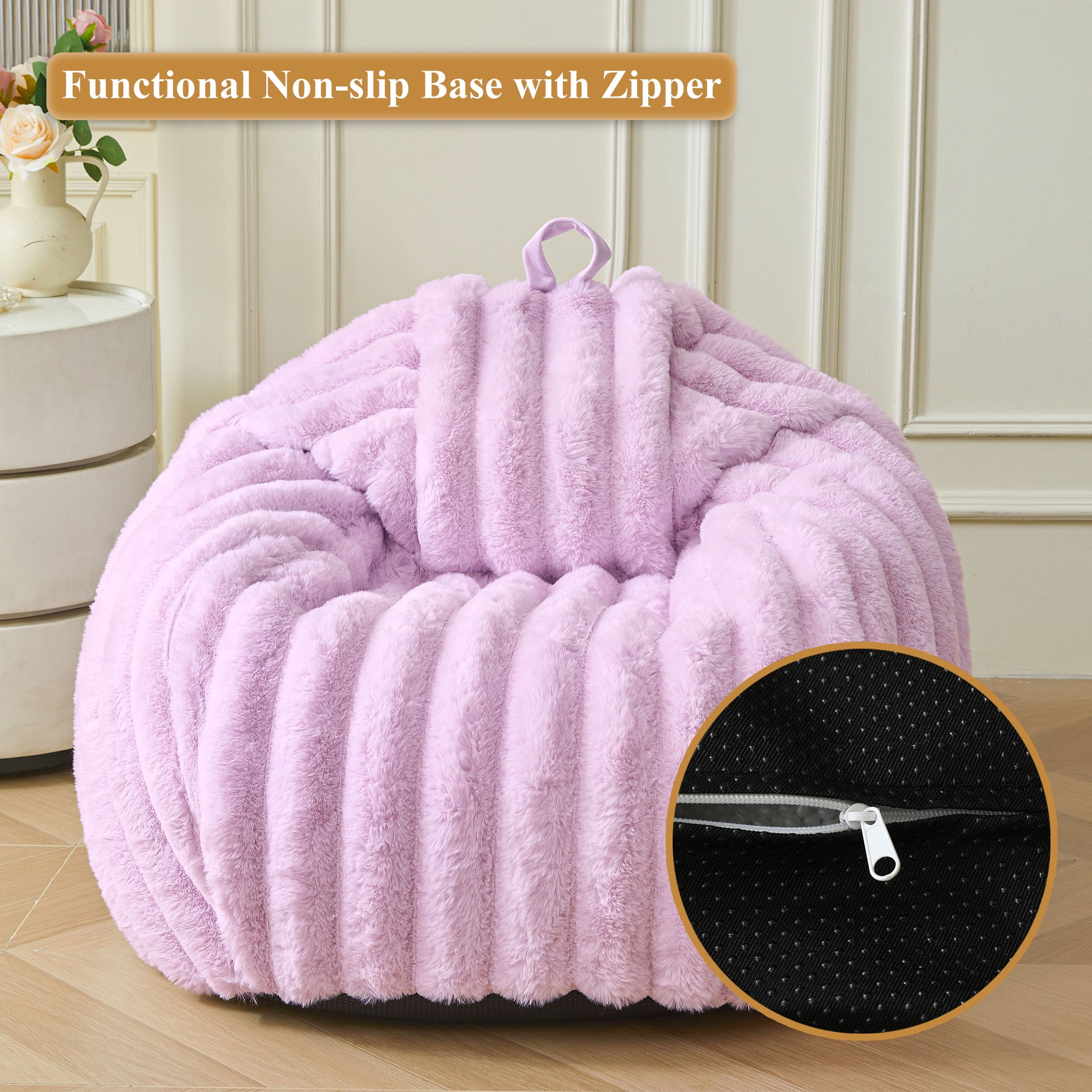 XeGe Kids Fluffy Faux Rabbit Fur Bean Bag Chair Cover(No Filler), Light Purple Plush Striped Stuffed Animal Storage Bean Bag, Fuzzy Furry Ribbed Beanbag Cover Kids Girls Adults, Anti-slip, Lavender