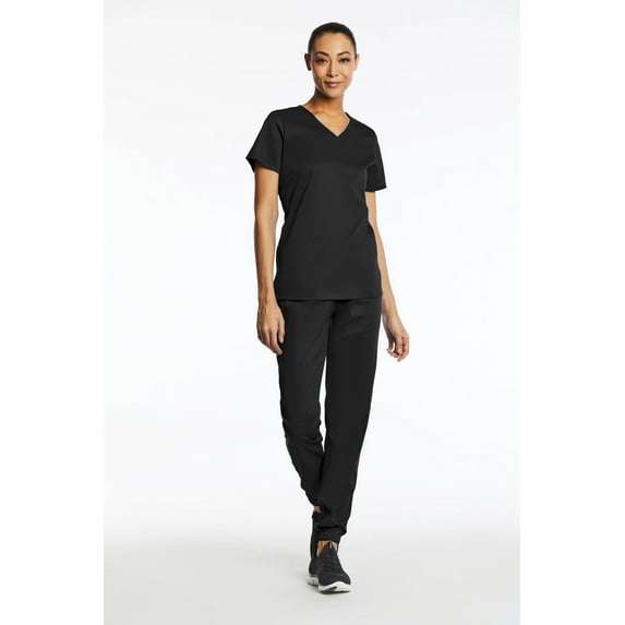 Elements Women's EL9935 V-Neck Scrub Top and Jogger Scrub Pant Set Black Large Petite