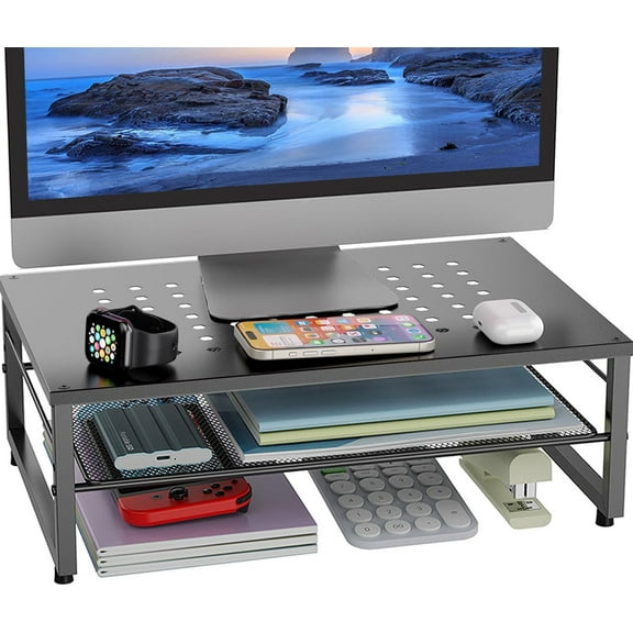 Desk Organizers and Accessories, 2-Tier Metal Monitor Stand Riser, Desk Organizer for Monitor, Office Desk Storage Organizer for Office Supplies (Black)