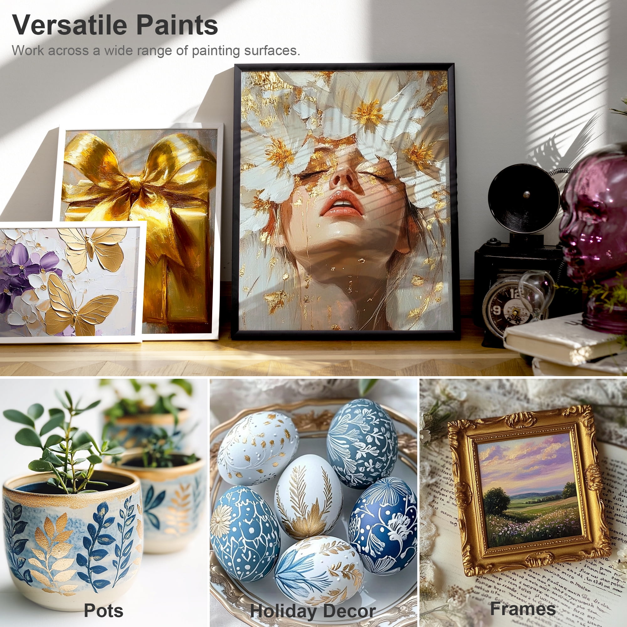 AUREUO Metallic Acrylic Paint Set - 8 Essential Colors 0.71 fl oz / 21ml Tubes Gold Silver Art Paints for Crafts Decor Rich Pigments Non-Toxic Painting Supplies for Artists