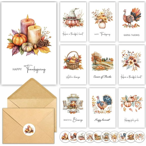 20 Pack Thanksgiving Cards with Envelopes, 10 Design 4X6In Autumnal Holiday Card, Happy Thanksgiving Greeting Cards Parties Celebrations Harvest with Message Inside