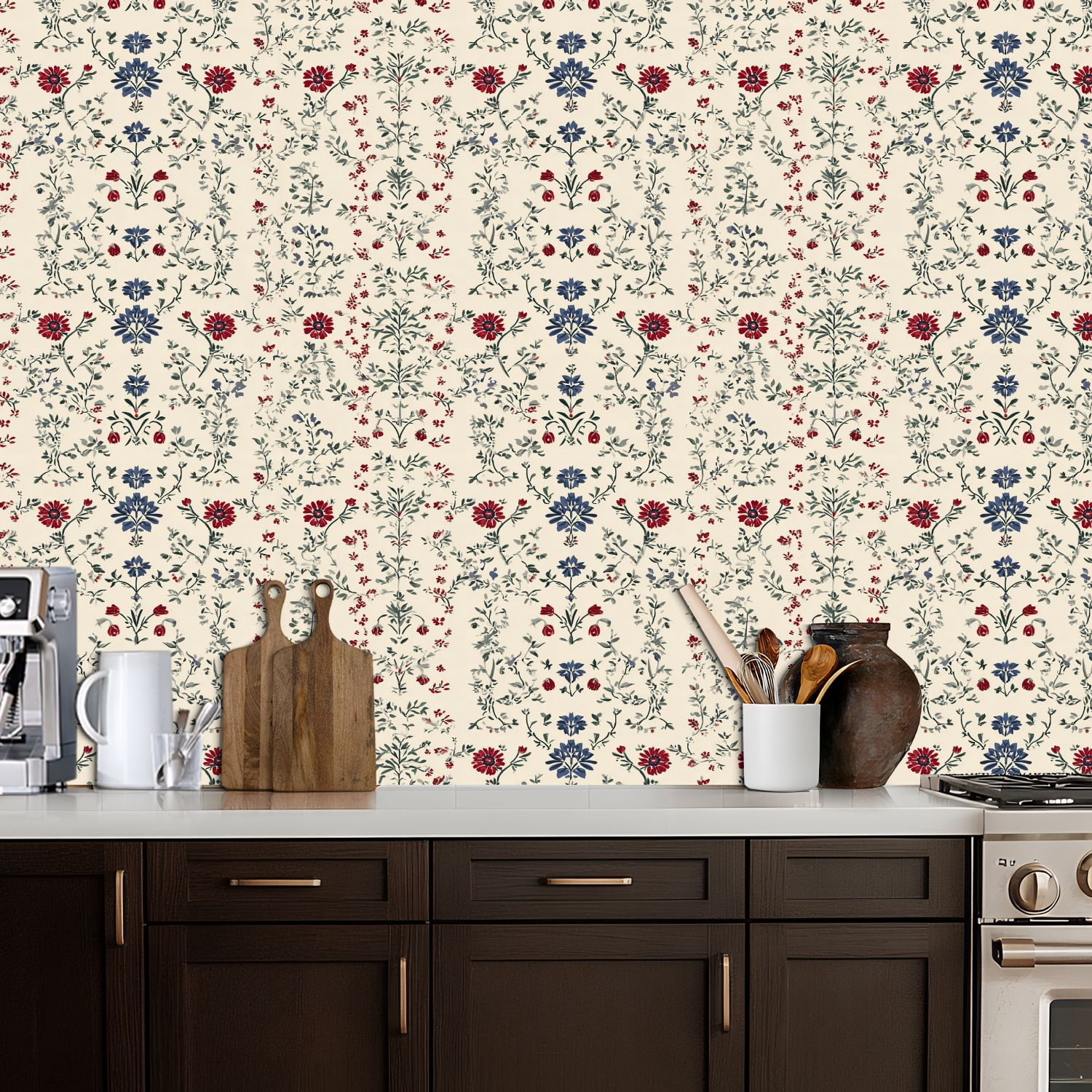 Peel and Stick Wallpaper Floral Red Blue Flowers Cream Wall Mural 17.7in x 9.8ft Self Adhesive Removable Wall Paper Renter Friendly Wallpaper for Bedroom Nursery Living Room