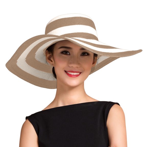AJGRHE Women Summer Wide Brim Straw Sun Hat Casual Outdoor Floppy Beach Design Striped Roll Up Travel Packable Khaki One Size