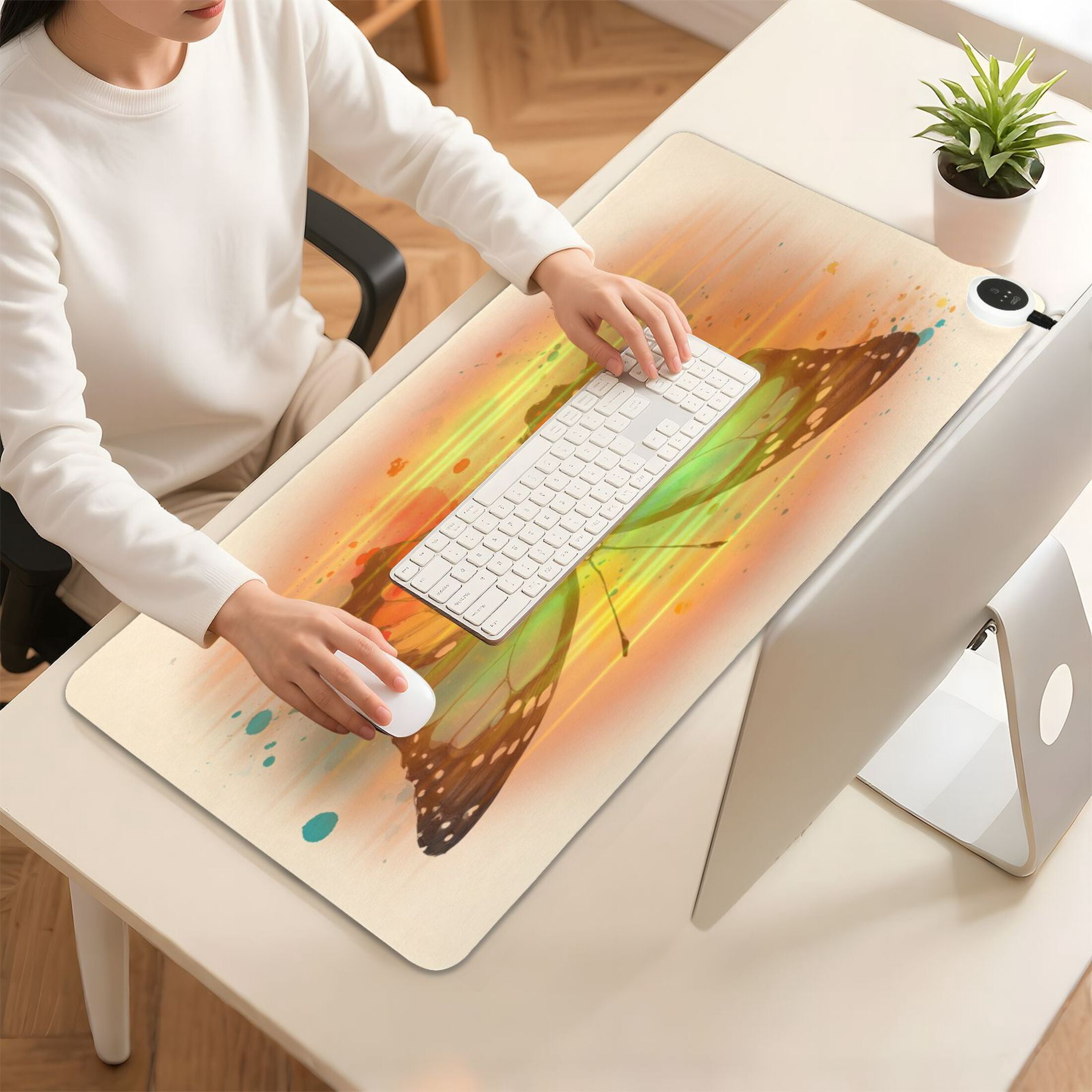 Large Heated Desk Mat Mouse Pad 31.5"x13"PU Leather Graphene Heating Desk Warmer with 3 Temperature Settings 110V US Plug Non-Slip Warm Pad for Home, Office, and Gaming Warm Gradient Butterfly Art