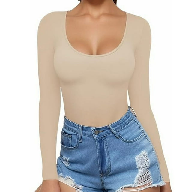 tarylea Women's Cute Tops U Neck Ribbed Slim Fitted Tops Long Sleeve Solid Color Shirts Casual Fall Going out Tops