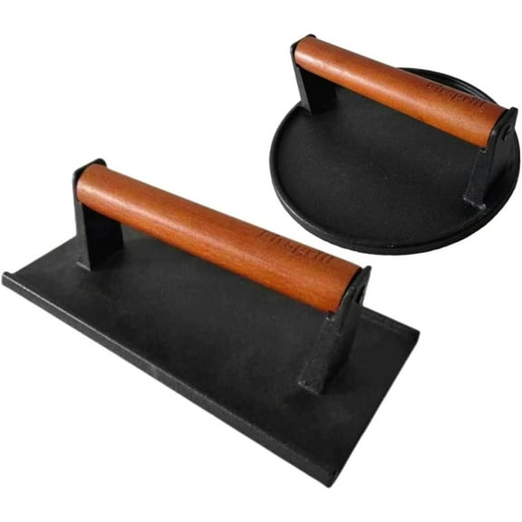 8.3"×4.3" Heavy-Duty Cast Iron Grill Press and Steak Weight with Cool-Touch Comfort-Grip Wood Handle - BBQ Accessories for Griddle, Outdoor Grill, Panini, Tortilla (2 Rectangle)