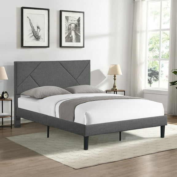 Bed Frame Full Size Upholstered Platform Bed Frame with Headboard, Strong Wood Slat Support, Mattress Foundation, No Box Spring Needed, Easy Assembly, Gray,Platform Bed Frame