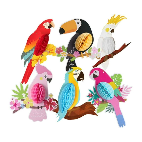 6 Hawaiian Party Decorations Parrot Honeycomb Ball Hangers - Big Tropical Birds Honeycomb Cutouts Pack of 6 | Jungle Theme Decorations Tropical Decorations Decorations | Luau Decorations
