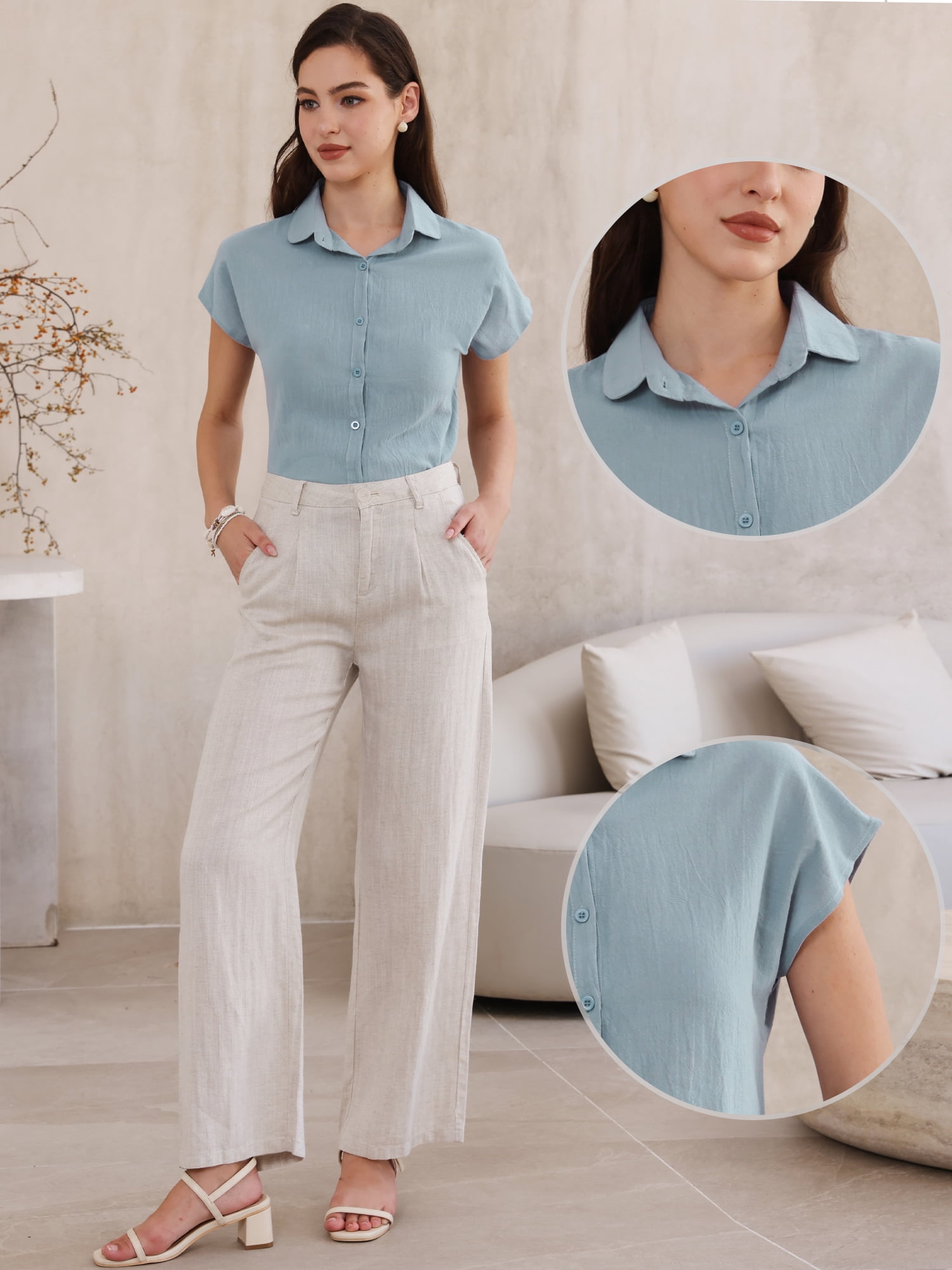 DARING DIVA Women's Linen Button Down Short Sleeve V Neck Tops 2XL Light Blue