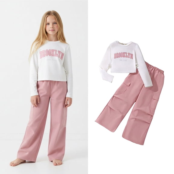 2 Piece Sets for Girls Long Sleeve Letter Print T-Shirt Top and Cargo Pants Set Girls Spring Outfits Girls Outfits 9-10 Years