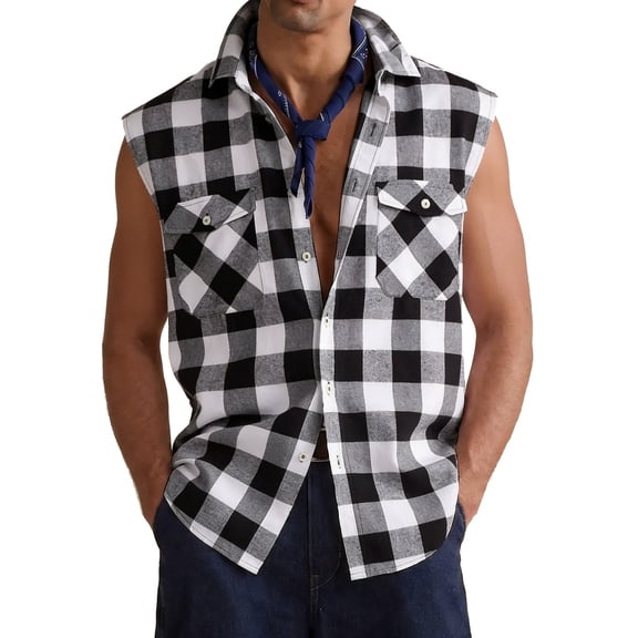 Havenx Mens Sleeveless Plaid Shirt Button Up Shirt with Pockets Lapel Collar Top Summer Beach Casual Athletic Lightweight Clothes,White S