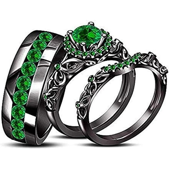 beryl_creation 925 Sterling Silver 1.70 Ct Round Cut Green Emerald Wedding Engagement Trio Ring Set 14K Black Gold Plated For Unisex -9.5