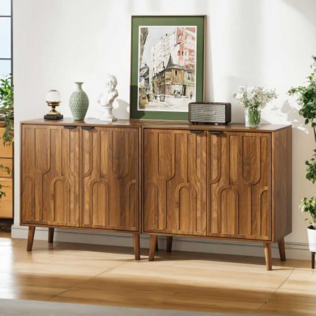Farmhouse Buffet Cabinet, 31.5" Walnut Sideboard Cabinet with 2 Slatted Doors & 2 Storage Compartments, Coffee Bar Cabinet for Kitchen, Dining Room & Living Room, Brown