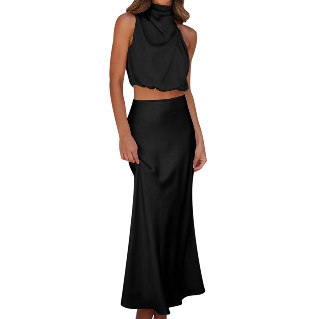 Gibobby Vestido de Verano para Mujer Conjunto de vestido largo con cuello halter elegante y para mujer Vestido de noche informal y elegante(Negro,XL)