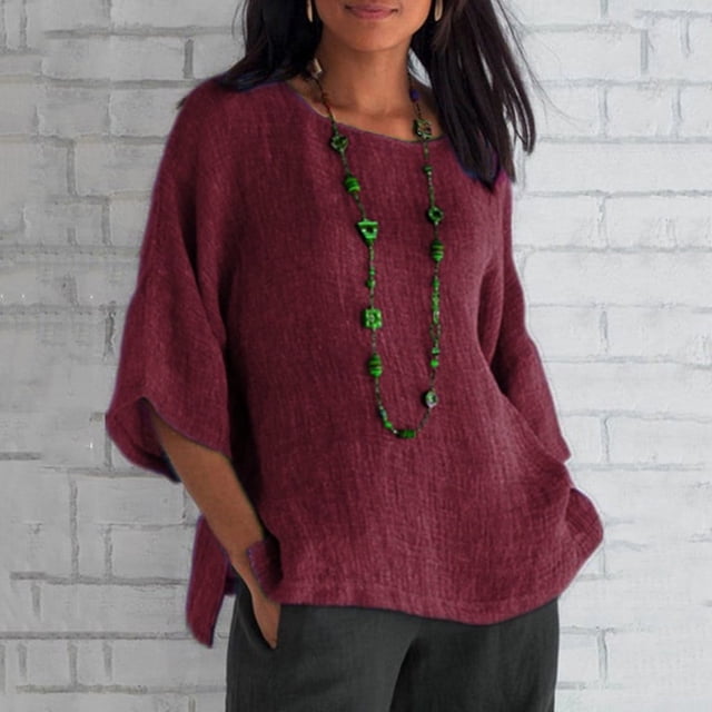 MELDVDIB - Camisas de lino y algodón para mujer, blusa informal de verano con mangas 3/4, cuello redondo, holgada, talla grande, abertura lateral, color liso, en liquidación
