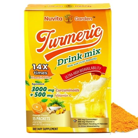 Turmeric Drink Mix, Turmeric and Ginger, Immune & Joint Support, Orange Flavors with High Potency Vitamin C, 15 Count