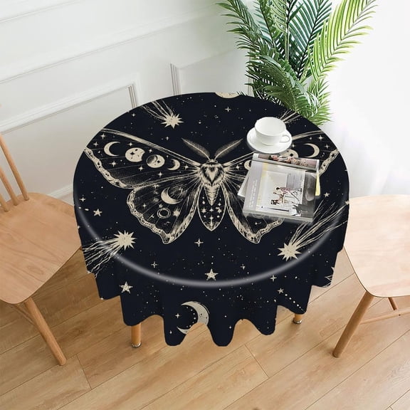 RKSupls 60 Inch Round Tablecloth, Celestial Moth Stars Premium Polyester Straight Edge Wrinkle Resistant Washable Table Cover for Party Home Dining Decor