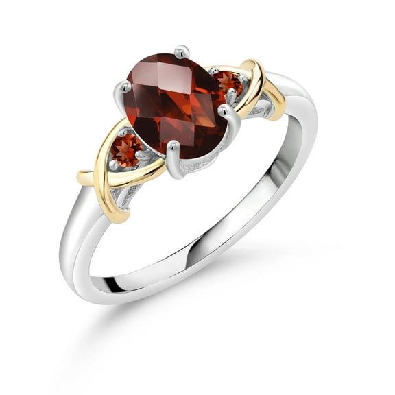 1.63 Cttw Oval Checkerboard Red Garnet Ring for Women | 925 Silver and 10K Yellow Gold | Gemstone Birthstone | Three Stone Wedding Engagement Anniversary Promise Ring for Women | Size 7