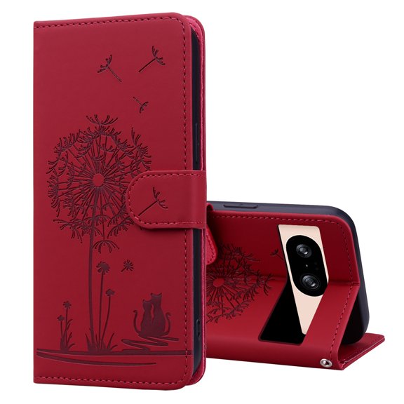 ELEHOLD Case for Google Pixel 8, Premium PU Leather Wallet Flip Case Folio Cover with Card Holder Kickstand,Red