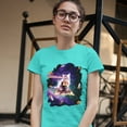 thumbnail image 3 of Tee Hunt Cat Firing Rainbow Laser Riding Pizza Slice In Space T-Shirt Weird Women's T-Shirt Tee, Light Blue, X-Large, 3 of 5