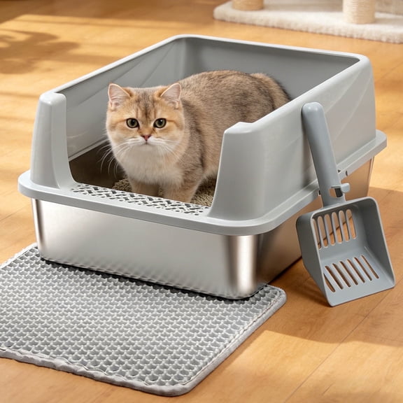 Nyutu Cat Litter Box, Stainless Steel High-Sided, 17.1 x 13.2 Inches, 5.2-Inch Deep Pan, with Litter Scoop, Gray
