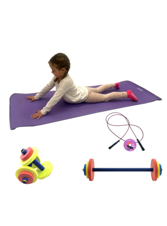 Redmon Fun and Fitness for Kids Complete Fitness Six Piece Set - Includes Dumbbells, Barbell, 8MM NBR Foam Mat, Jump Rope, Trainer Video