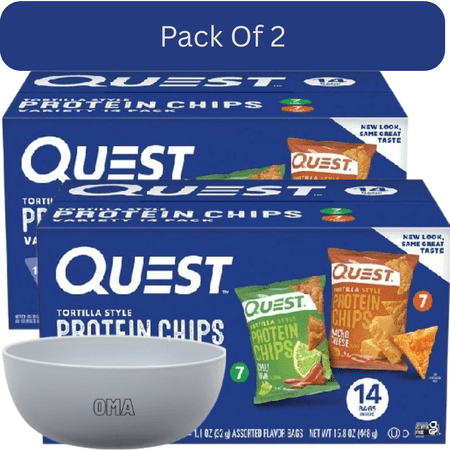 Quest Protein Chips Tortilla Style Variety Pack, Nacho Cheese & Chili Lime, 14 Count With White Bowl By OMA